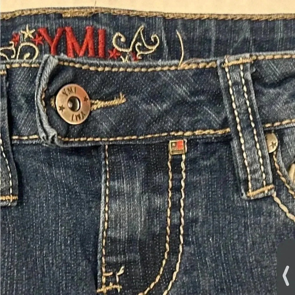 YMI Girls Blue Denim Shorts Sz 10 Bermuda Length Embroidered Button Flap Pockets - Picture 3 of 11